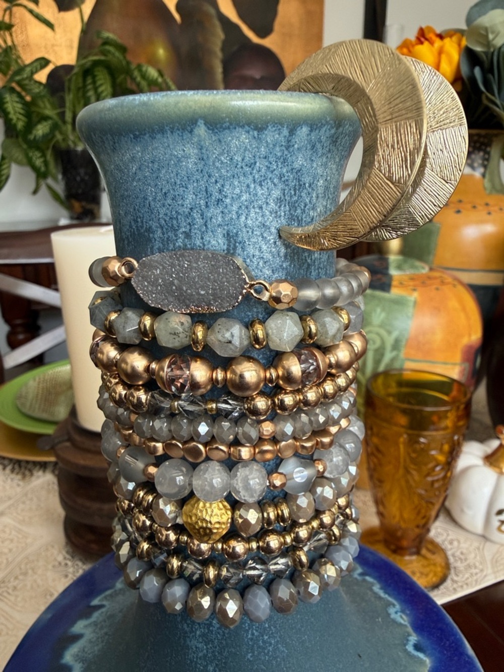 11PC Stacked Gray & Gold Beaded Bracelet and Earrings Set
